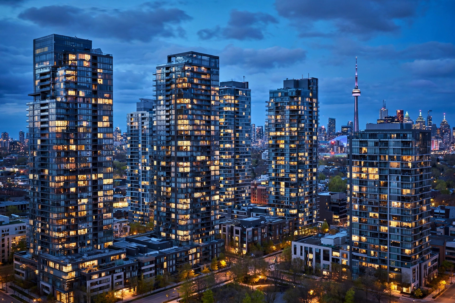 Toronto condo high-rise towers at dusk
